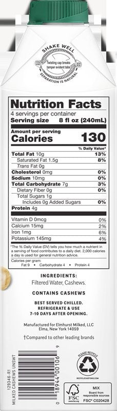 Elmhurst Milked Milked Unsweetened Cashew 32 Fluid Ounce - 6 Per Case.
