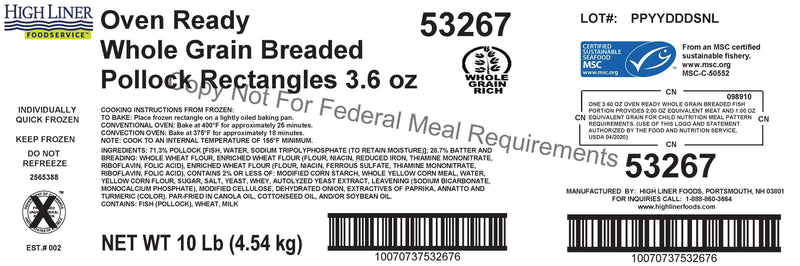 Oven Ready Whole Grain Breaded Pollock Rectangles Msc 5 Pound Each - 2 Per Case.