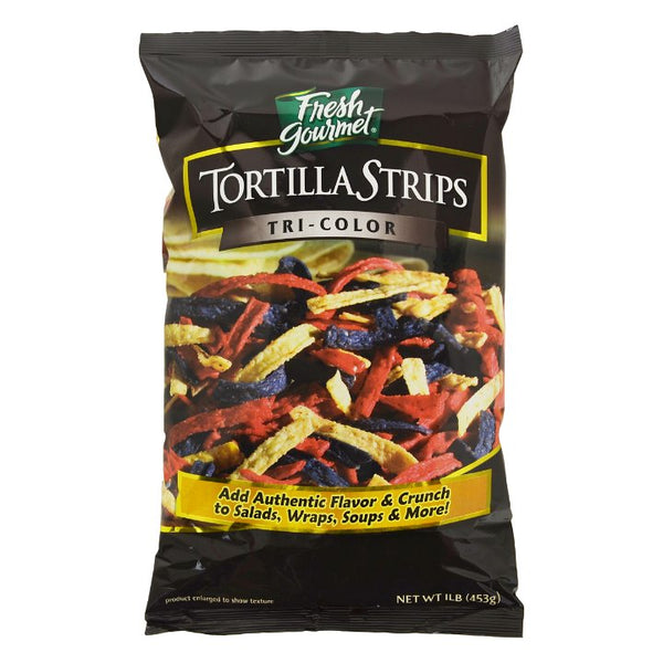 Fresh Gourmet Salad Topping Tri-Color Tortilla Strips 1 Pound Each - 10 Per Case.