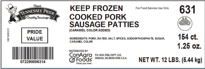 Odoms Tennessee Pride Value Fully Cooked 5" Formed Sausage Patties Without Msg 1.25 Ounce Size - 154 Per Case.