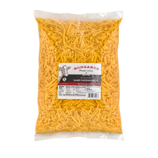 Bongards Cheese Sharp Yellow Cheddar Feathershred 5 Pound Each - 6 Per Case.