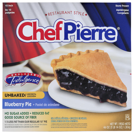 Chef Pierre Blueberry Reduced Fat No Sugar Added Unbaked 10" Pie 46 Ounce Size - 6 Per Case.