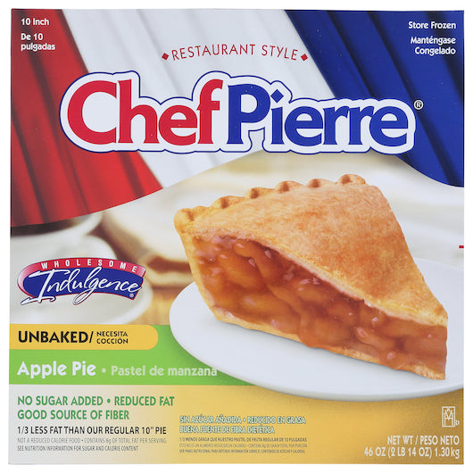 Chef Pierre Apple Traditional Reduced Fat No Sugar Added Unbaked 10" Pie 46 Ounce Size - 6 Per Case.