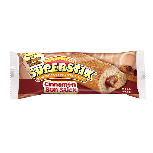 Superpretzel Superstix Cinnamon Bun Stick Stuffed Soft Pretzel Stick 2.1 Ounce Size - 60 Per Case.