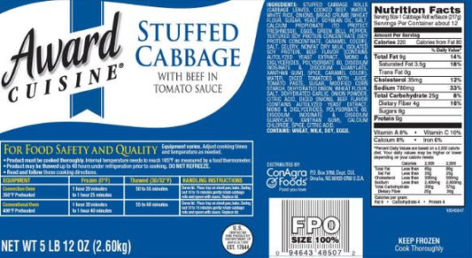 Award Cuisine Stuffed Cabage W Sauce 92 Ounce Size - 4 Per Case.