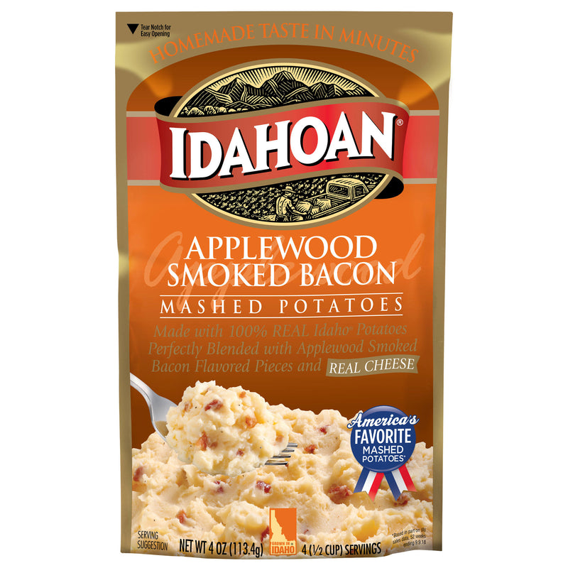 Idahoan Foods Mashed Potatoes Applewood Smoked Bacon Pouch 4 Ounce Size - 12 Per Case.