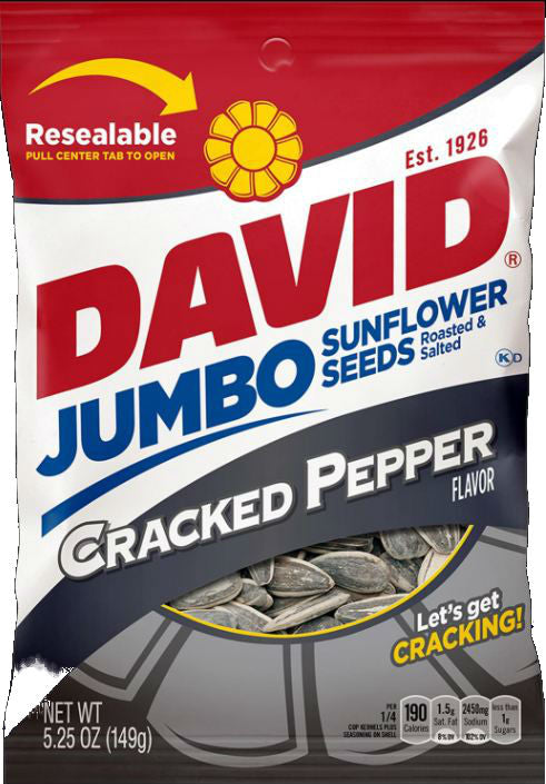 David Roasted And Salted Cracked Pepper Jumbosunflower Seeds Pack 5.25 Ounce Size - 12 Per Case.