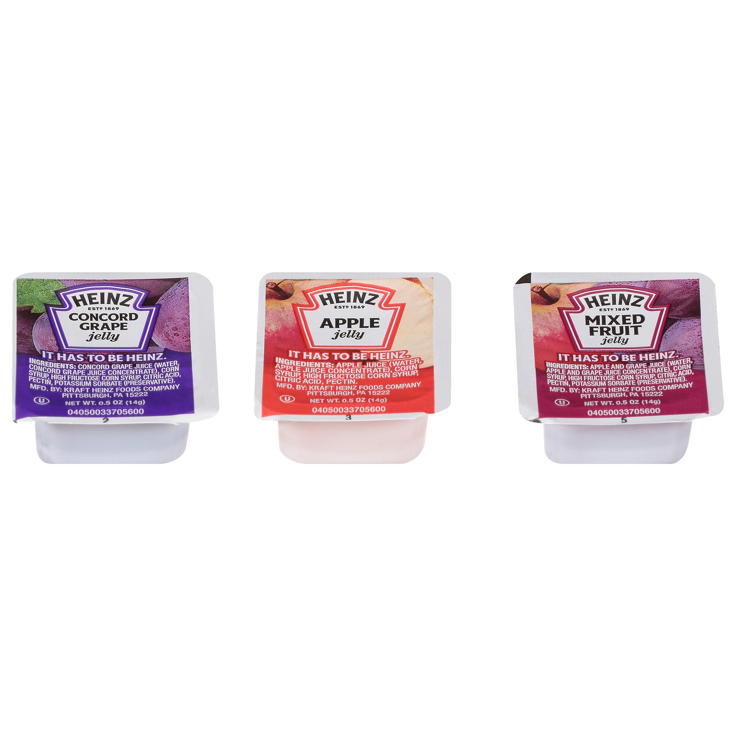 HEINZ Single Serve Assorted Jelly (Grape Mixed Fruit Apple) 0.5 Ounce Cups 200 Per Case