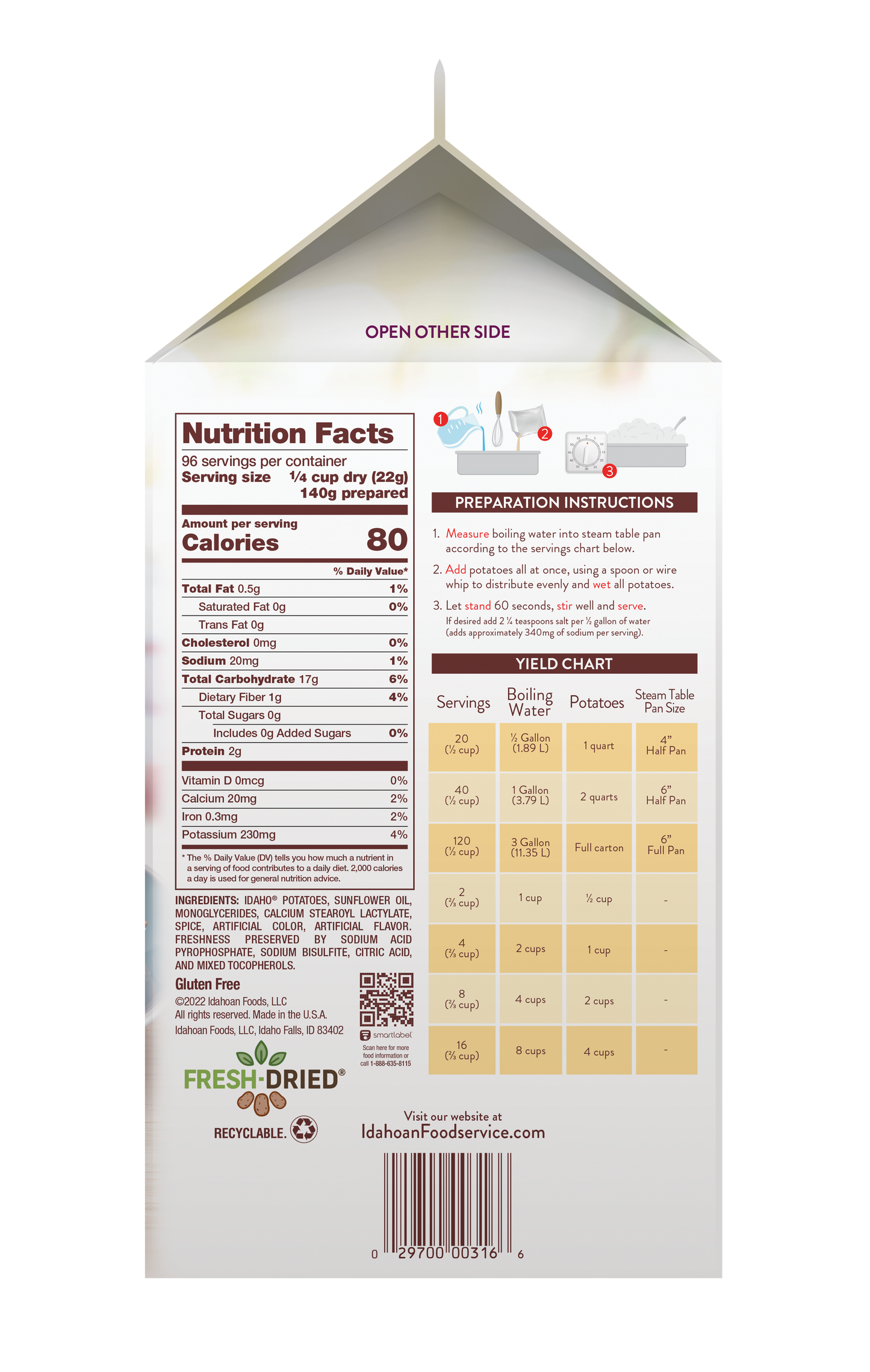 Idahoan® Smartmash® Very Low Sodium Dairy Free Mashed Potatoes Ctns 4.687 Pound Each - 6 Per Case.