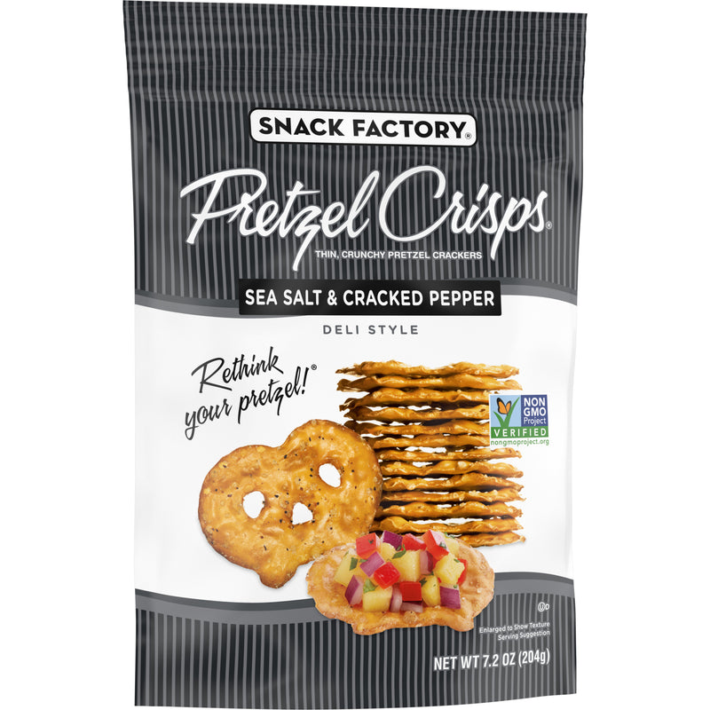 Pretzel Crisps Sea Salt & Cracked Pepper 7.2 Ounce Size - 12 Per Case.