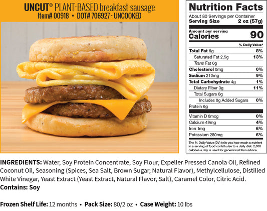 Uncut Plant Based Sausage Breakfast Patty Round 10 Pound Each - 1 Per Case.