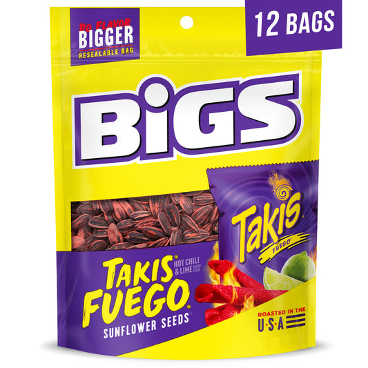 Bigs Takis Fuego Sunflower Seeds Hot Chili Lime Flavor Keto Friendly Snack 5.35 Ounce Size - 12 Per Case.