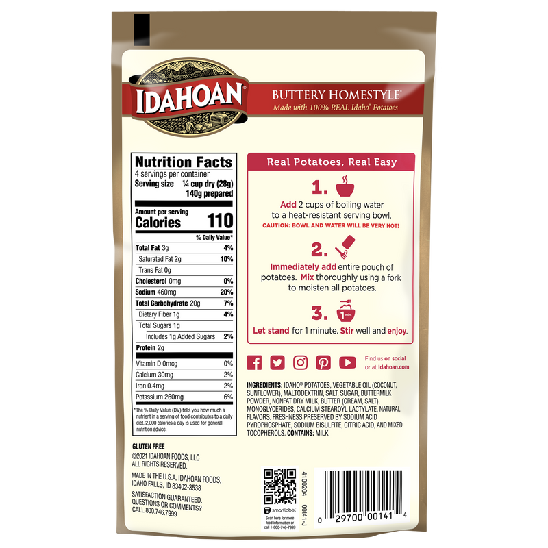 Idahoan Foods Buttery Homestyle Mashed Potatoes Pouch 1 Count Packs - 12 Per Case.