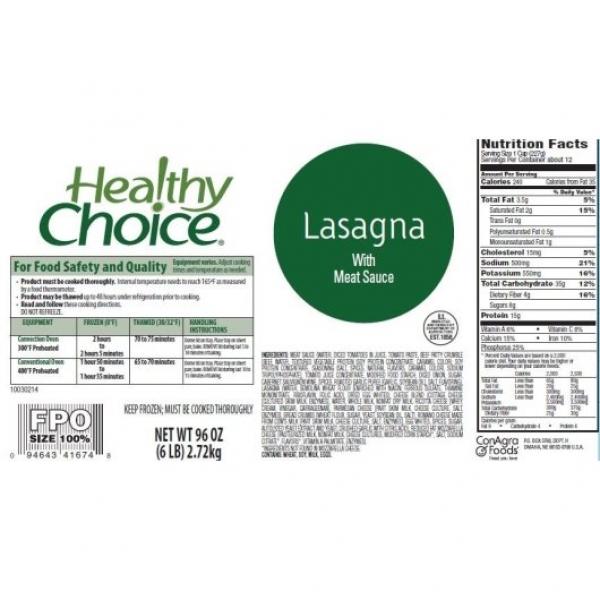 Healthy Choice Mt Lasagna Wsce 96 Ounce Size - 4 Per Case.