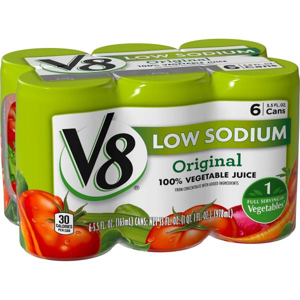 V8 Juice Low Sodium Six 33 Fluid Ounce - 8 Per Case.