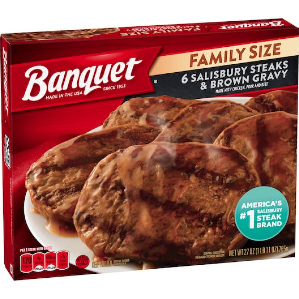 Banquet Family Size Salisbury Steaks And Brown Gravy 27 Ounce Size - 6 Per Case.