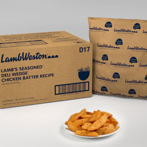 Lamb's Seasoned® Deli Wedge® Chicken Batter Recipe Frozen Potatoes 5 Pound Each - 6 Per Case.