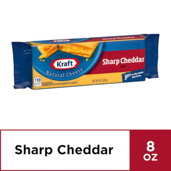 Kraft Sharp Cheddar Chunk Cheese, 8 Ounce Size - 12 Per Case.