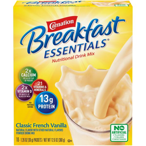 Carnation Breakfast Essentials Powder Nutritional Breakfast Drink Mix Classic French Vanilla 12.6 Ounce Size - 6 Per Case.