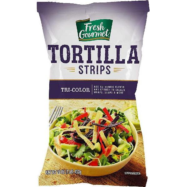 Fresh Gourmet Tortilla Strips Tri-Color 0.5 Ounce Size - 100 Per Case.