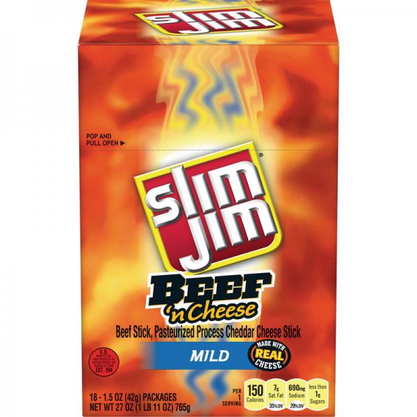 Slim Jim Beef And Cheese Stick Mild Flavor Count 1.5 Ounce Size - 108 Per Case.