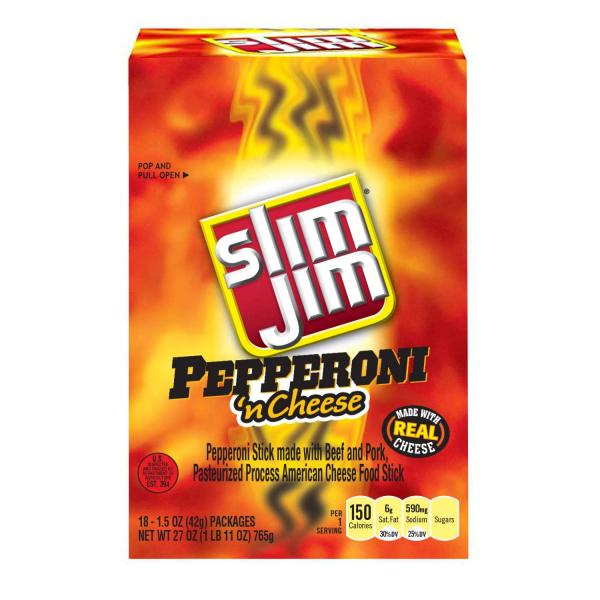 Slim Jim Beef And Cheese Stick Pepperoni Ncheese Count 1.5 Ounce Size - 108 Per Case.