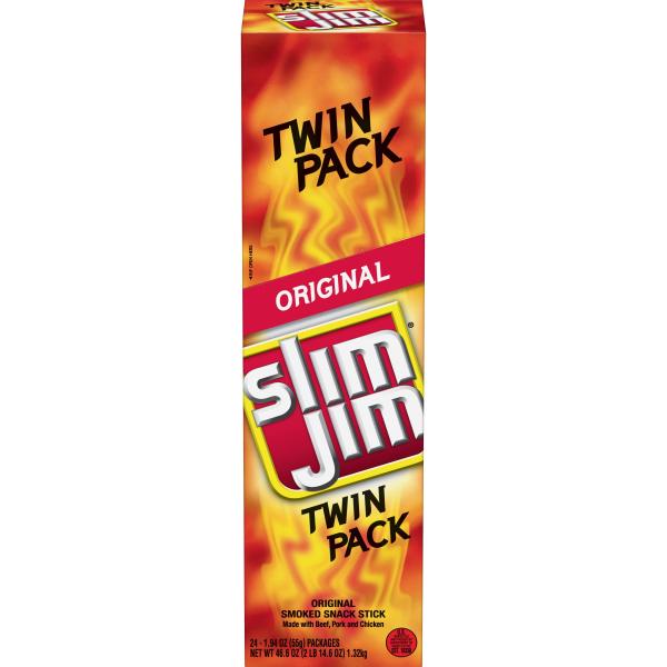 Slim Jim Twin Snack Sized Smoked Meat Stick Original Flavor Count 1.94 Ounce Size - 144 Per Case.