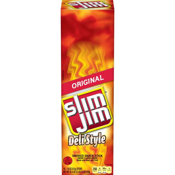 Slim Jim Original Deli Style Smoked Snack Stick Count 1.8 Ounce Size - 108 Per Case.