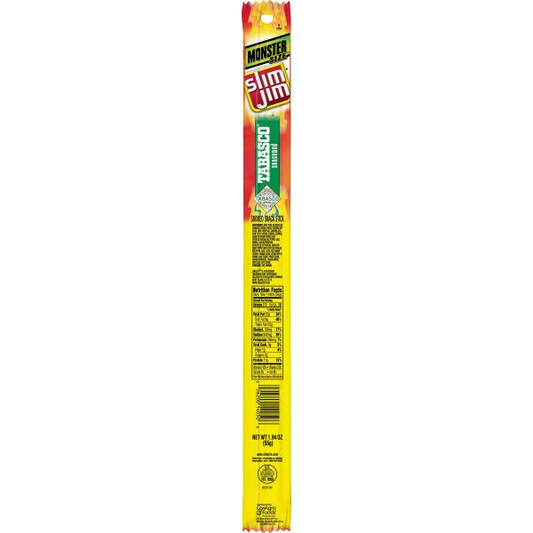 Slim Jim Monster Smoked Meat Stick Tabasco Flavor Count 1.94 Ounce Size - 108 Per Case.