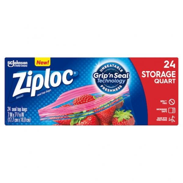 Ziploc Storage Bag Quart 24 Count Packs - 12 Per Case.