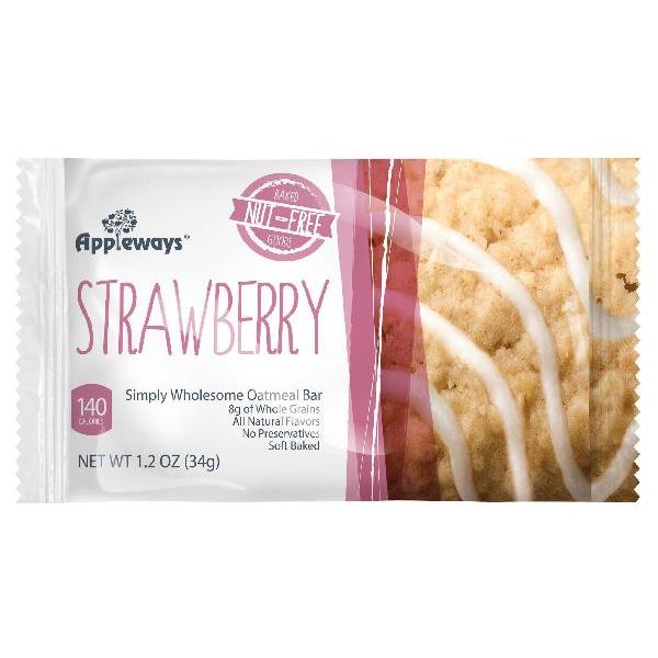 Appleways Whole Grain Soft Oatmeal Strawberry Bars Individually Wrapped 1 Count Packs - 216 Per Case.