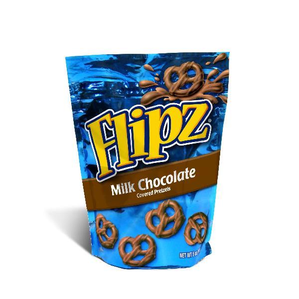 Flipz Milk Chocolate Covered Pretzels Stand Up Pouch 5 Ounce Size - 6 Per Case.