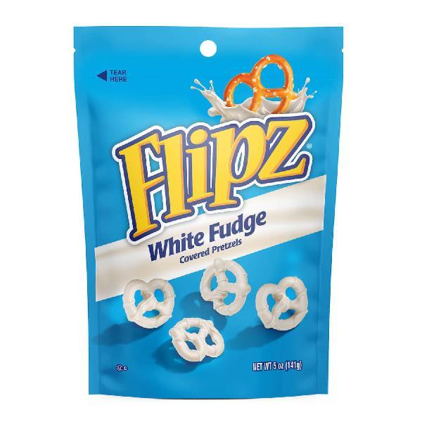 Flipz White Fudge Covered Pretzels Stand Up Pouch 5 Ounce Size - 6 Per Case.