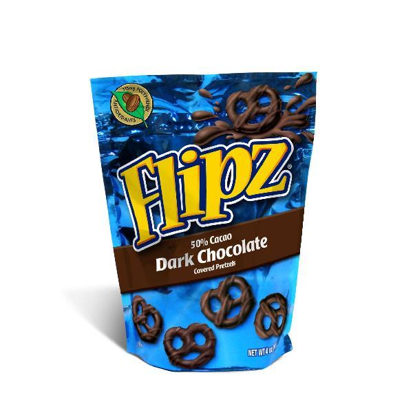 Flipz Dark Chocolate Covered Pretzelsin A Stand Up Pouch 4 Ounce Size - 6 Per Case.