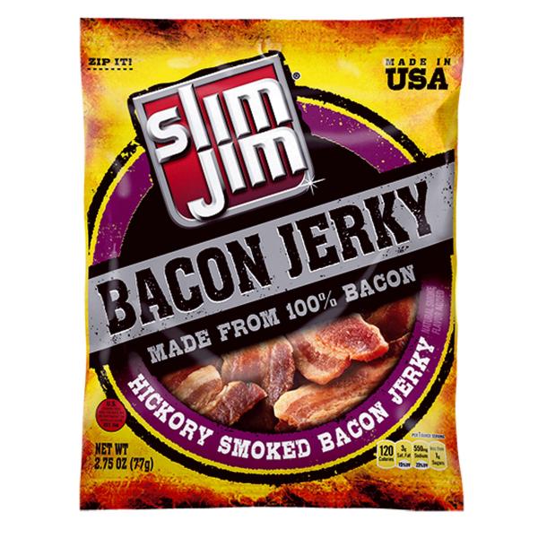 Slim Jim Bacon Jerky Hickory Smoked Flavor Bag 2.75 Ounce Size - 8 Per Case.