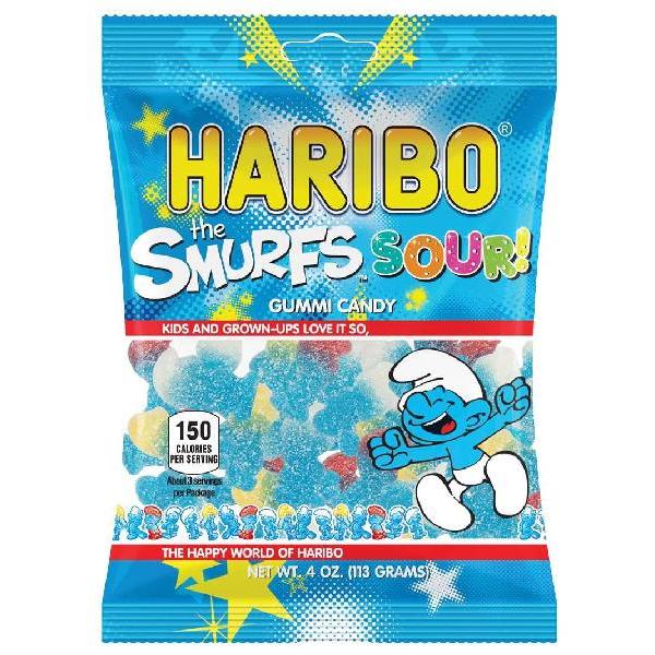 Haribo Confectionery Sour Smurfs 4 Ounce Size - 12 Per Case.