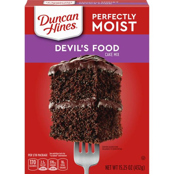 Duncan Hines Perfectly Moist Devil's Food Cake Mix Boxes 15.25 Ounce Size - 12 Per Case.