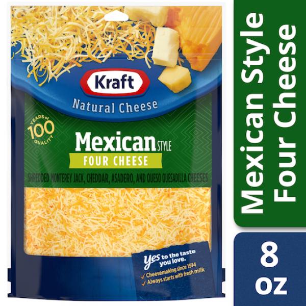 Kraft Shredded Mexican Four Cheese, 8 Ounce Size - 12 Per Case.