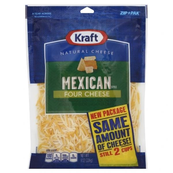 Kraft Shredded Mexican Four Cheese, 8 Ounce Size - 12 Per Case.