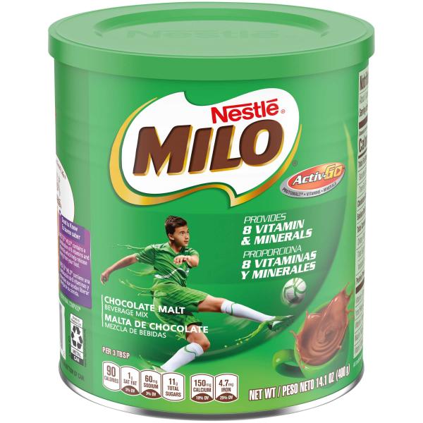 Nestle Milo Chocolate Malt Beverage Mix Canisters 14.1 Ounce Size - 12 Per Case.