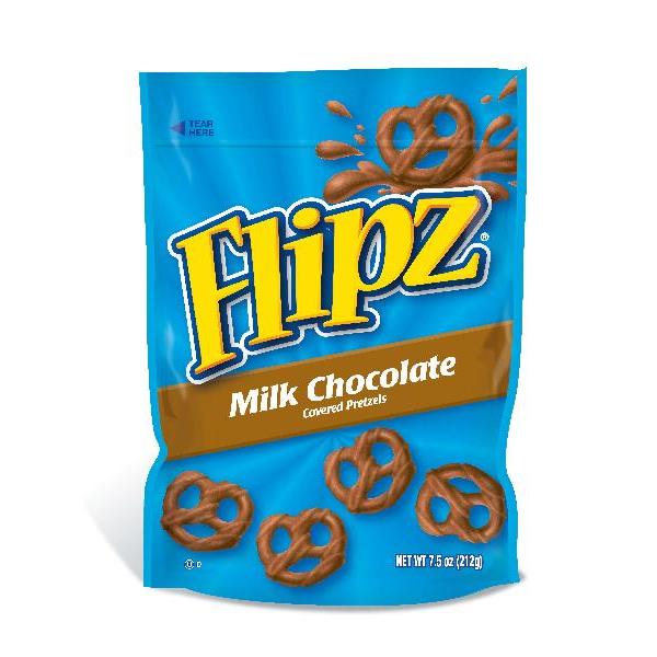 Flipz Milk Chocolate Pretzel Stand Uppouch 7.5 Ounce Size - 8 Per Case.