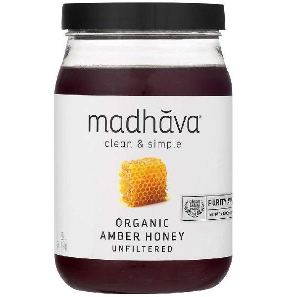 Madhava Organic Amber Pure Honey Pesticide Free Non Gmo Pack 22 Ounce Size - 6 Per Case.