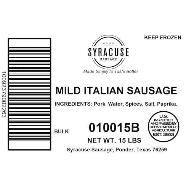 Mild Ground Italian Uncooked Bulk Sausage 15 Pound Each - 1 Per Case.