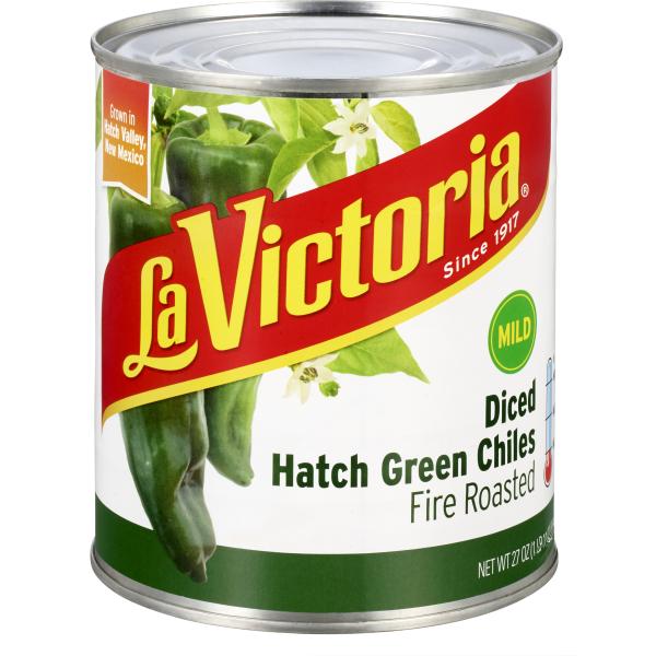 La Victoria Fire Roasted Diced Hatch Green Chiles Mild 27 Ounce Size - 12 Per Case.