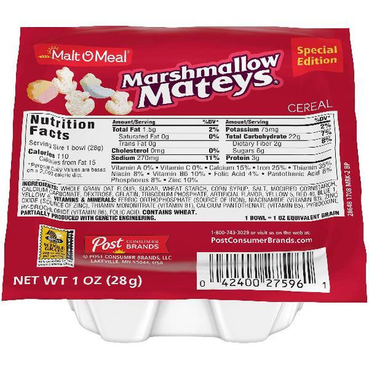 Malt O Meal Marshmallow Mateys Cereal 1 Ounce Size - 96 Per Case.