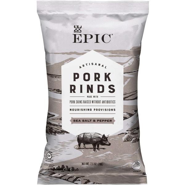 Epic™ Gluten Free Pork Skins Rinds Sea Salt & Pepper 2.5 Ounce Size - 12 Per Case.