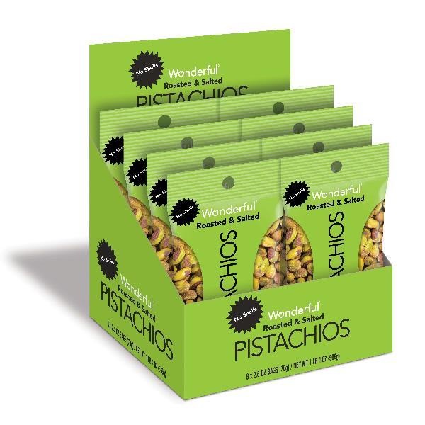 Wonderful Pistachios Pistachio Roasted & Salted Shelled 2.5 Ounce Size - 24 Per Case.