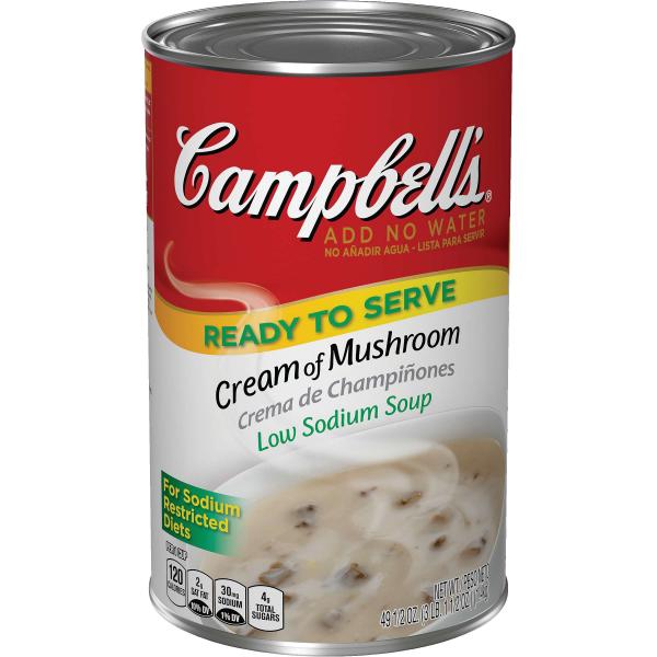 Campbell's Classic Low Sodium Cream Of Mushroom Shelf Stable Soup 49.5 Ounce Size - 12 Per Case.