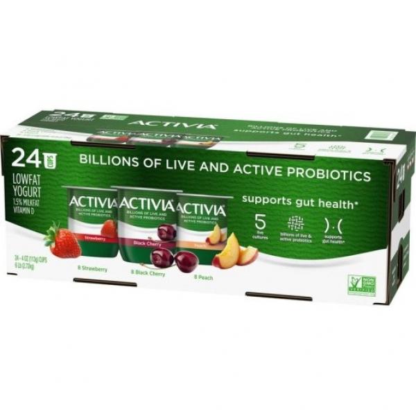 Activia Low Fat 8 Strawberry, 8 Black Cherry, And 8 Peach Yogurt Variety Pack 4 Ounce Size - 24 Per Case.