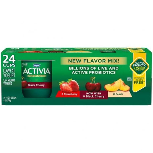 Activia Low Fat 8 Strawberry, 8 Black Cherry, And 8 Peach Yogurt Variety Pack 4 Ounce Size - 24 Per Case.